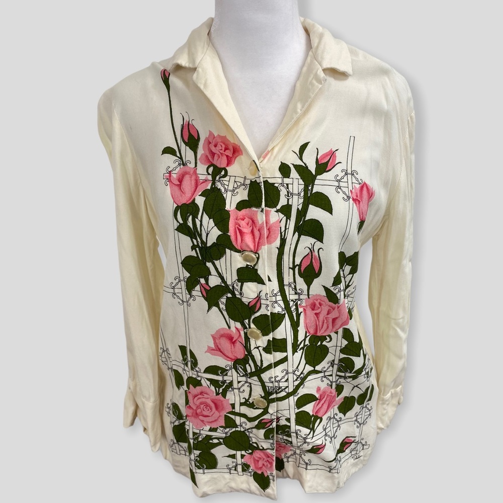 Vintage 60s Alfred Shaheen Cream Pink Green Lattice Rose Button Down Shirt